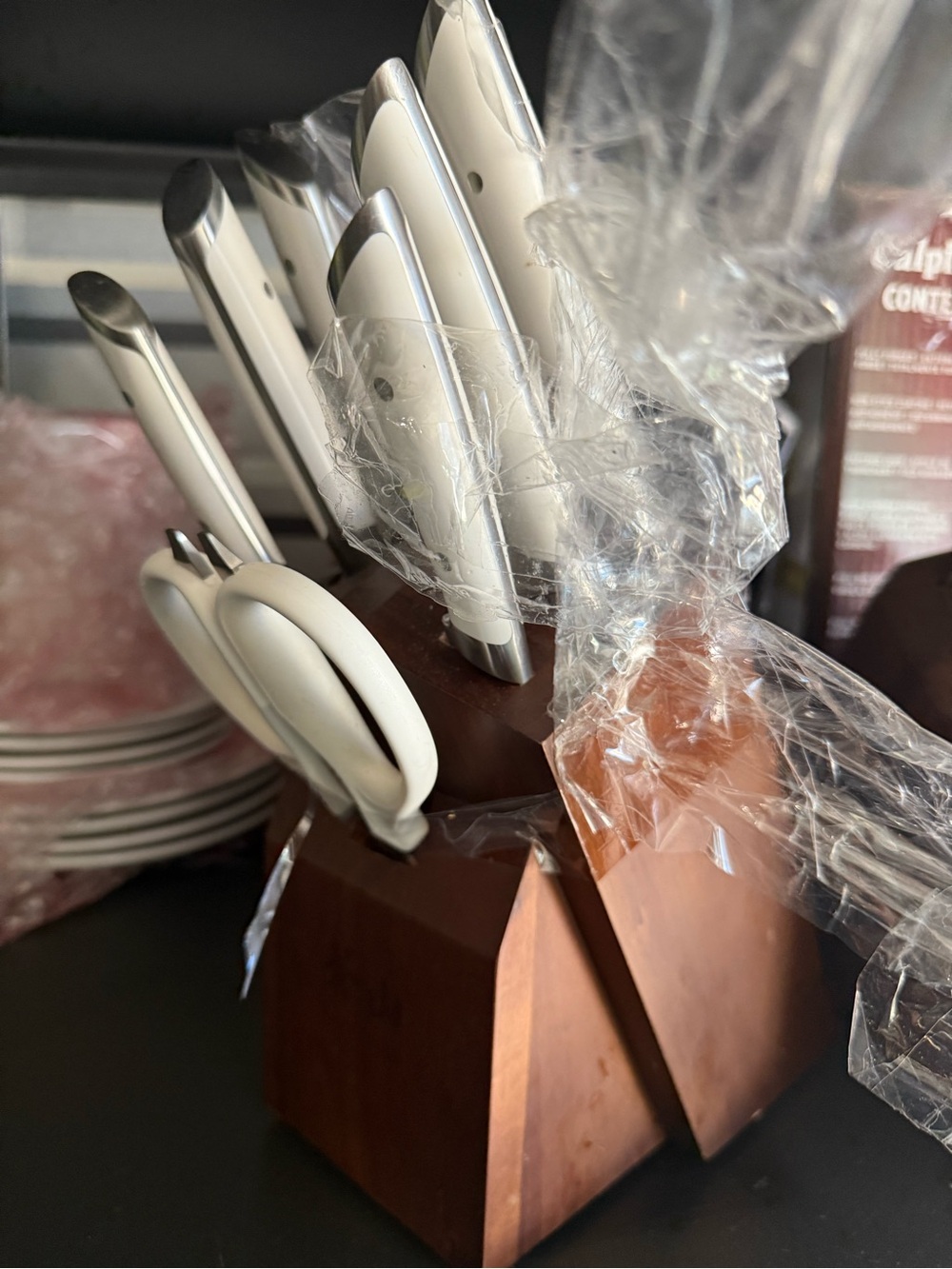 White Handle Stainless Kitchen Knife Set with Wooden Block